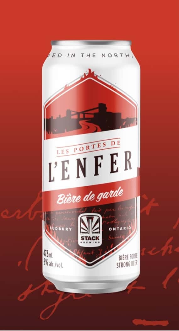 Red and white Portes de l'enfer Stack 72 Stack Brewing can packaging design
