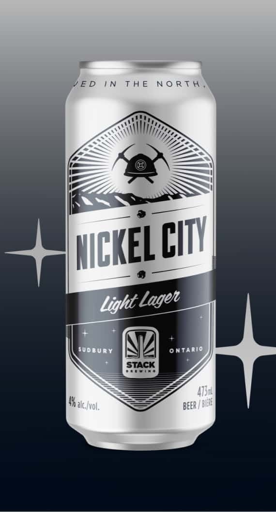 Black and silver Nickel City Stack Brewing can packaging design