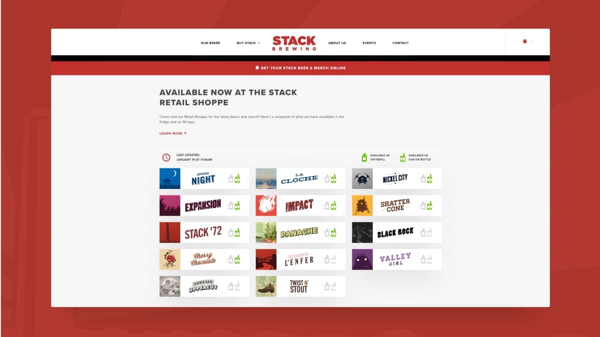 Mockup of beer selection panel on Stack Brewing homepage
